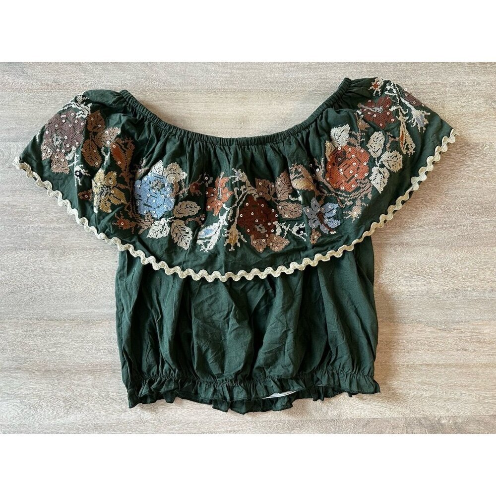 Miss June Paris Chiquita Off the Shoulder Top Green Small Needlepoint Sequins - Picture 3 of 11